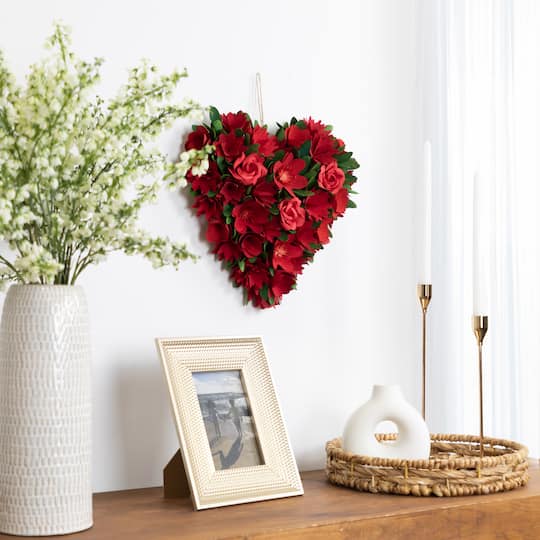 12.25" Mixed Floral with Wooden Flowers Artificial Valentine's Day Heart Wreath